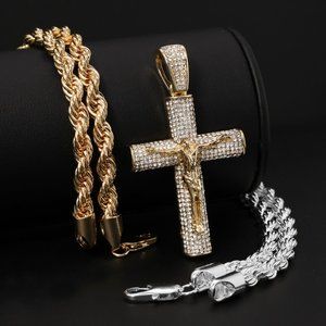 14k Iced Out Two-Tone Jesus Cross Necklace